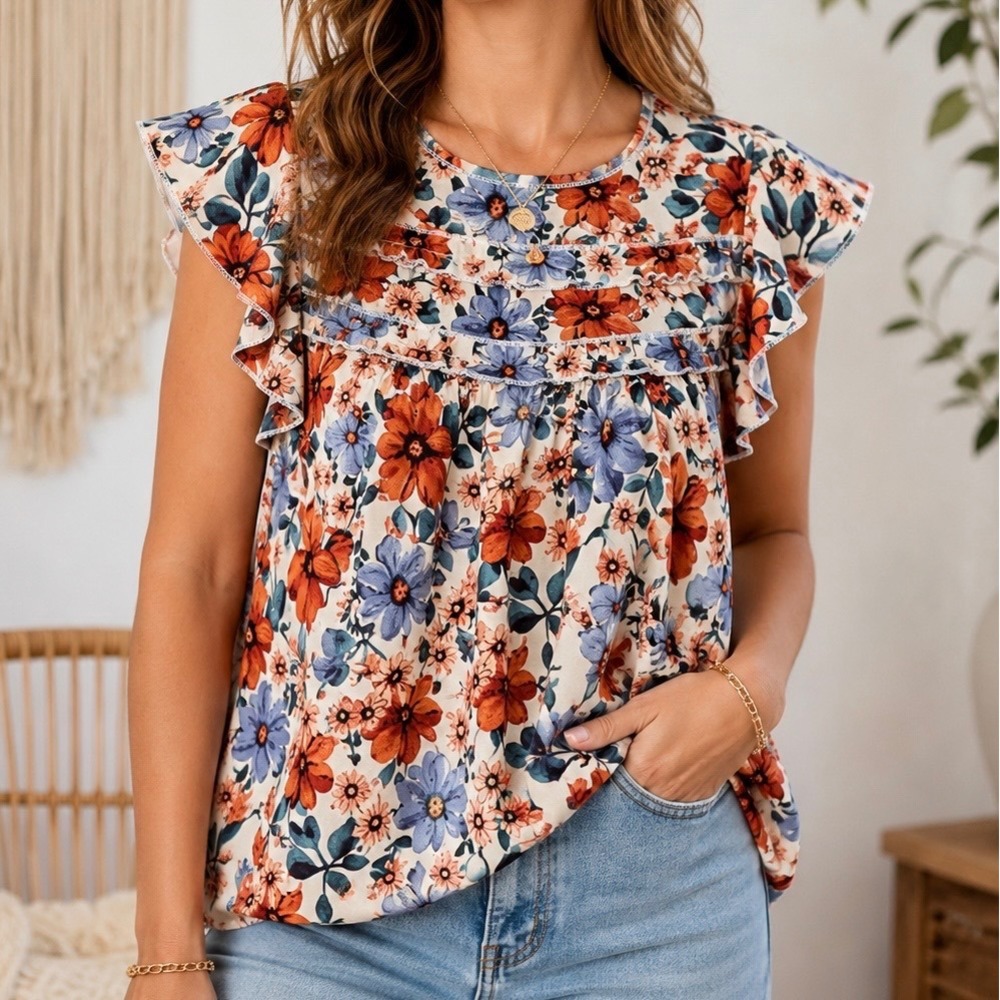 Floral Ruffle Flutter Sleeve Blouse Women's Medium Boho Cottagecore Romantic Top
